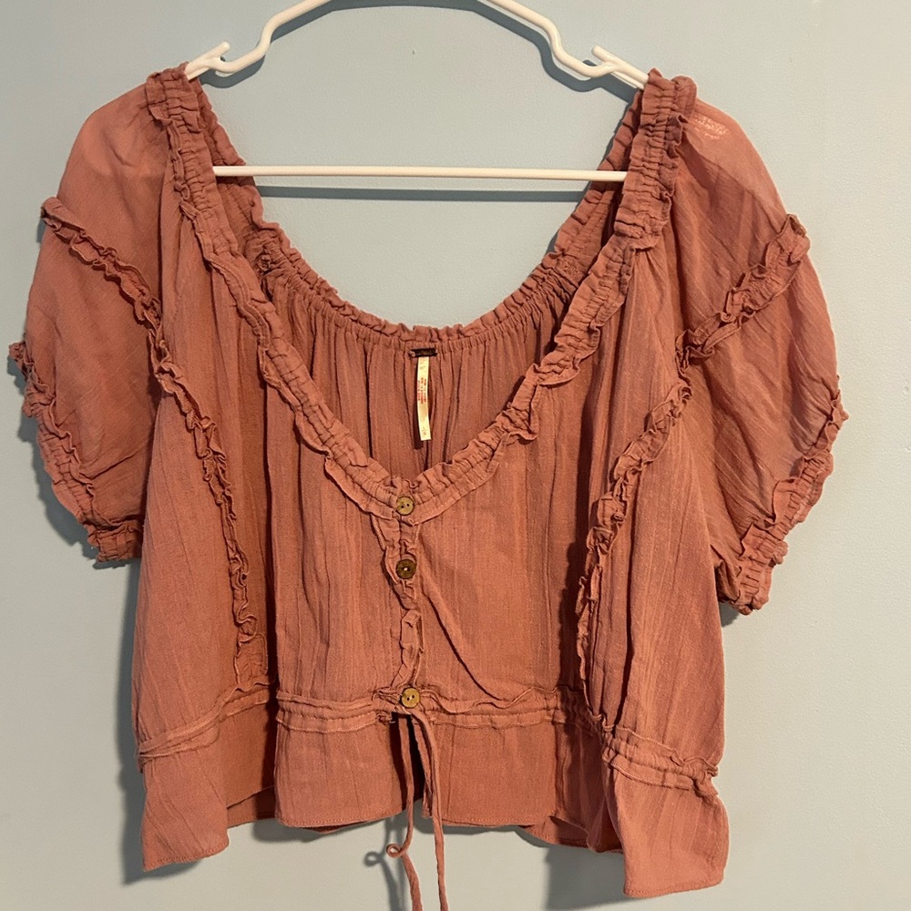Free People Dusty Rose Ruffled Cropped Shirt - Picture 2 of 6